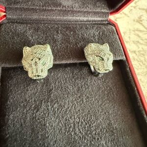 Panther Head earrings in 18k white gold plating & Green Eyes -